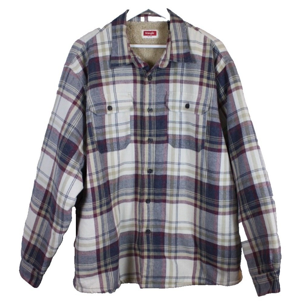Wrangler Flannel Sherpa Lined Size 2XL Blue Plaid Button Up Shirt Jacket Pockets